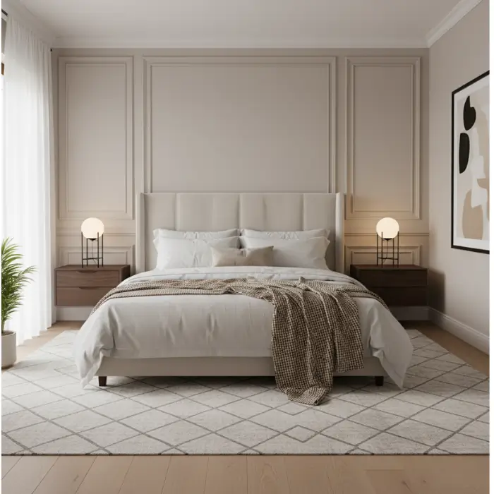 Modern bedroom featuring soft panel molding accent wall.