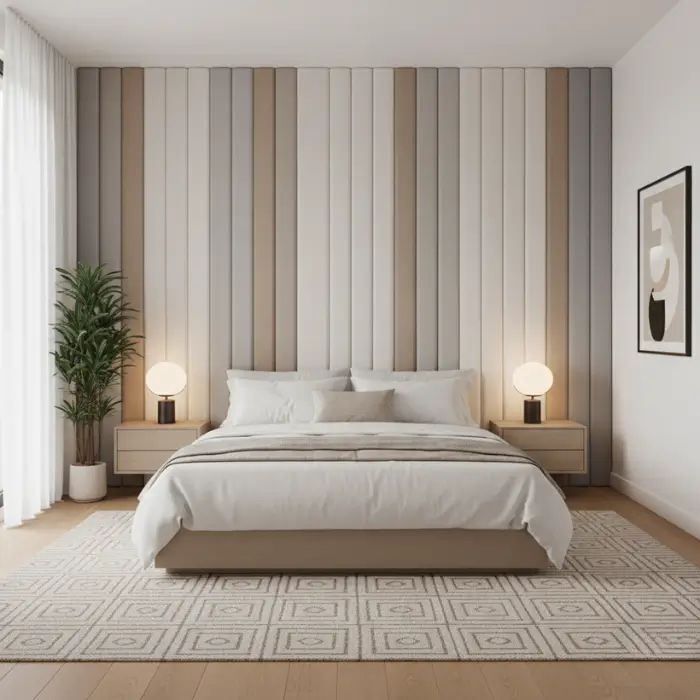 Fabric-covered accent wall in beige, creating a cozy bedroom feel.