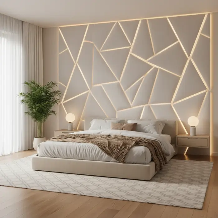 Geometric neutral accent wall adding depth to a modern bedroom.