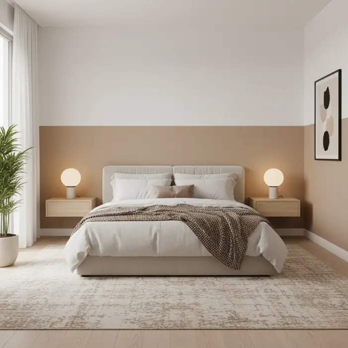 Two-tone neutral accent wall behind bed with soft modern décor.