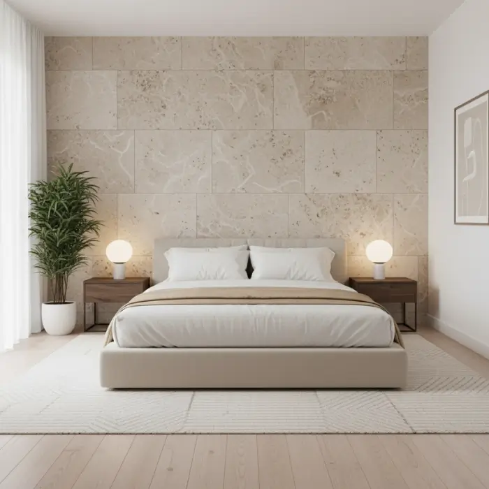 Stone-inspired neutral accent wall in modern bedroom