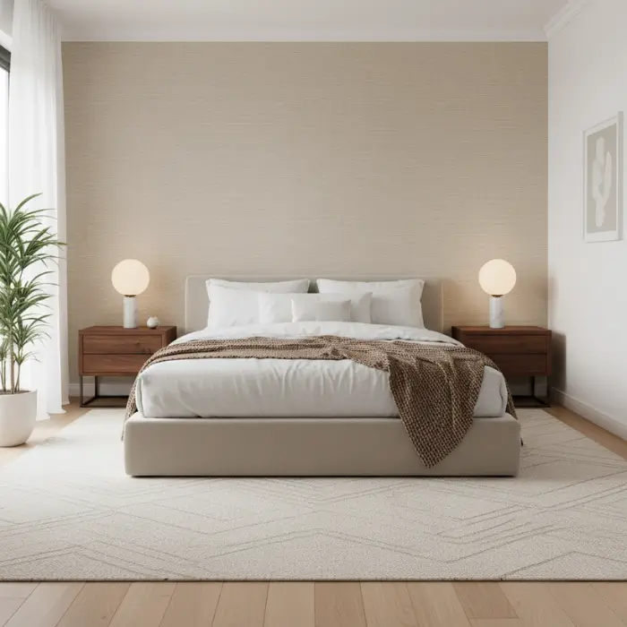 Grasscloth wallpaper adding natural warmth to bedroom accent wall.