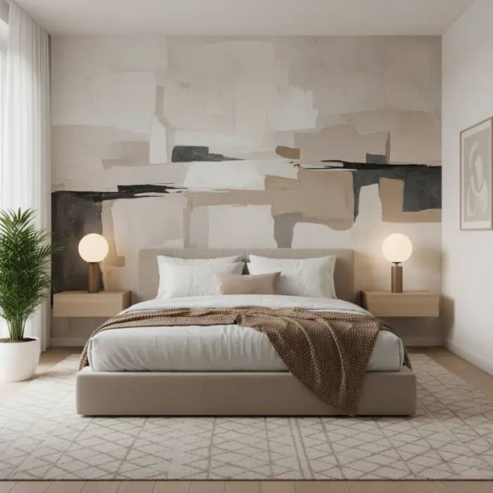 Modern bedroom featuring large neutral abstract artwork above bed.