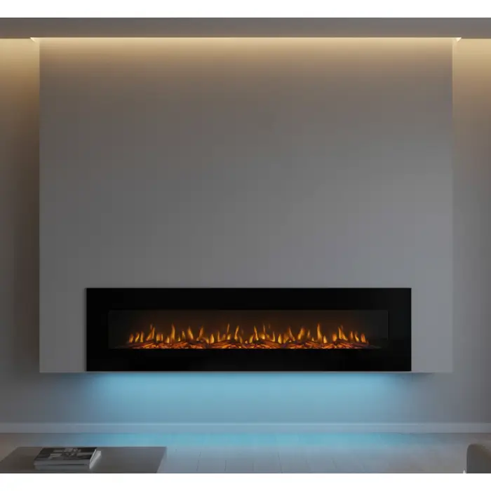 Floating wall-mounted fireplace creating a modern, weightless look.