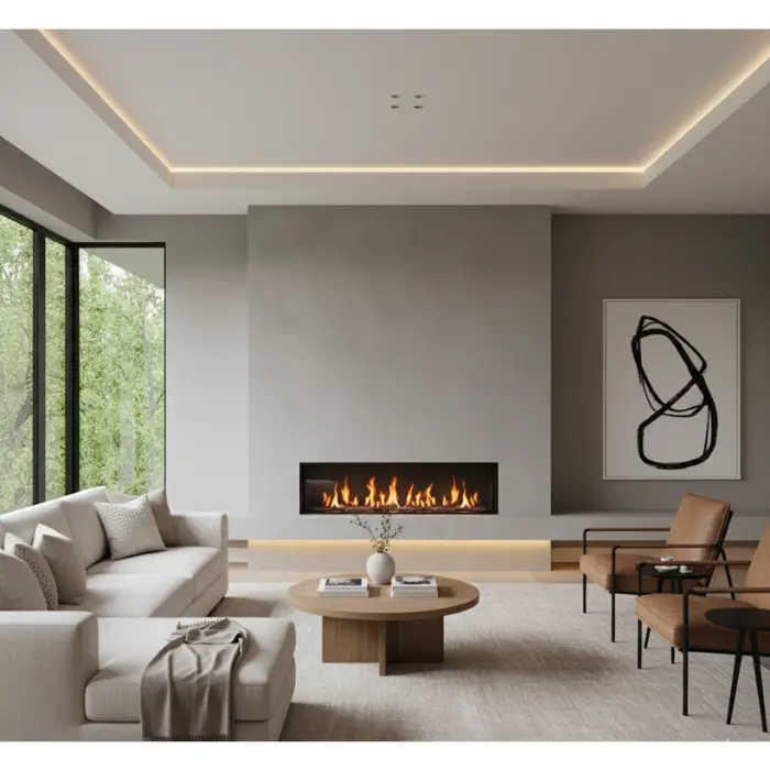  Industrial concrete fireplace adding modern texture to the living room.