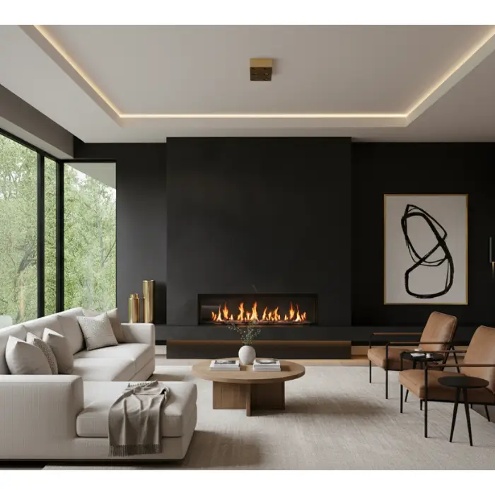 Black modern fireplace wall with minimalist styling.