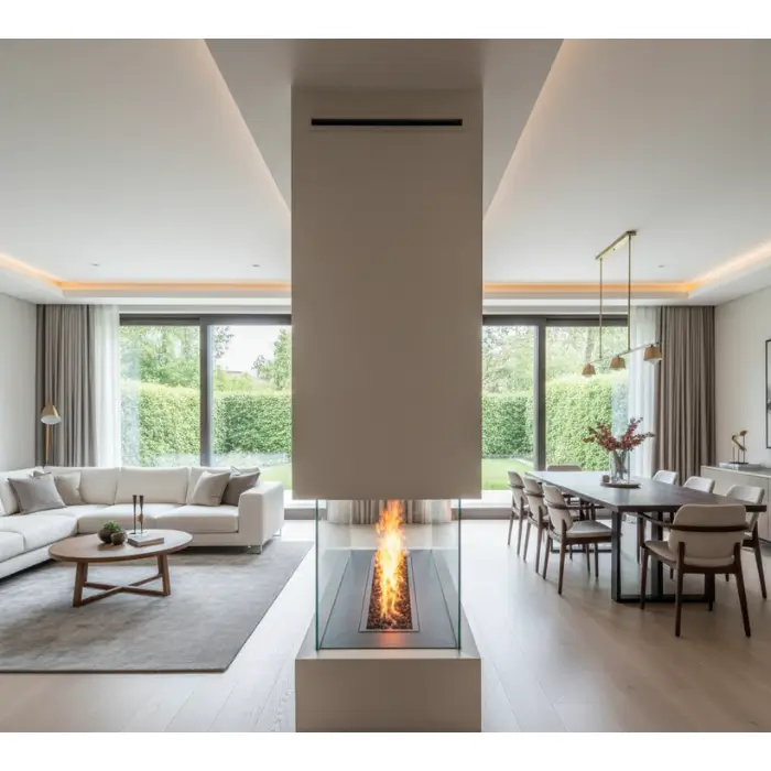 Modern double-sided fireplace connecting open living spaces.
