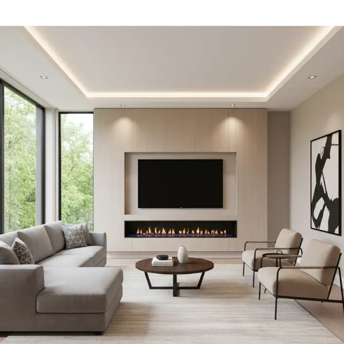 Contemporary media wall featuring an electric fireplace and TV setup.