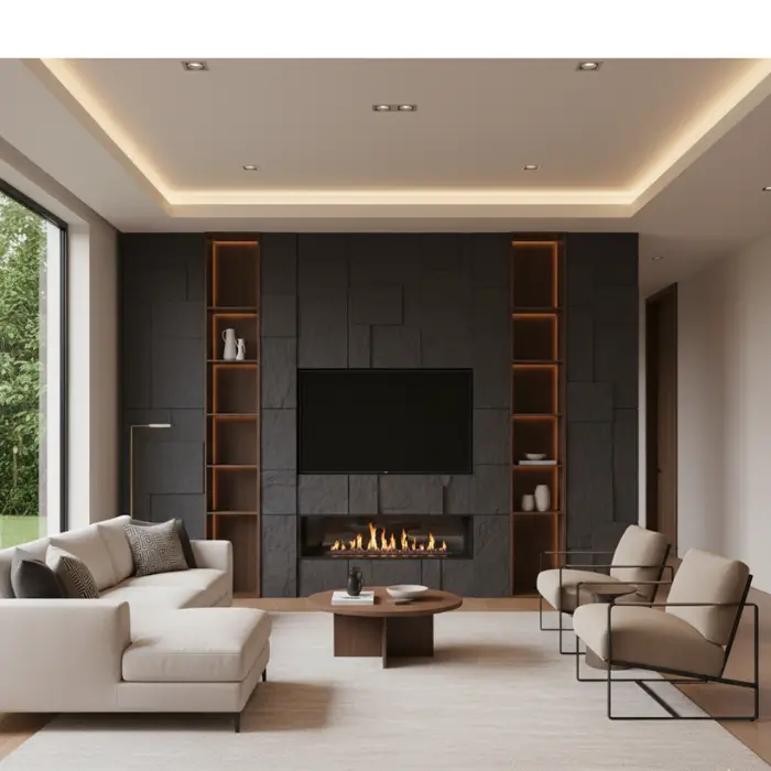 Slim vertical fireplace adding height to modern interior.