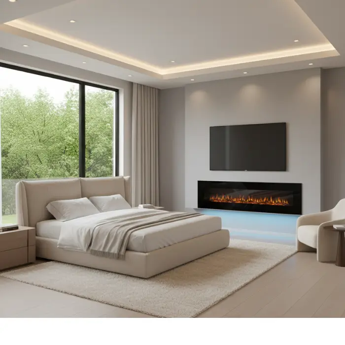 Modern bedroom with minimalist electric fireplace and soft lighting.