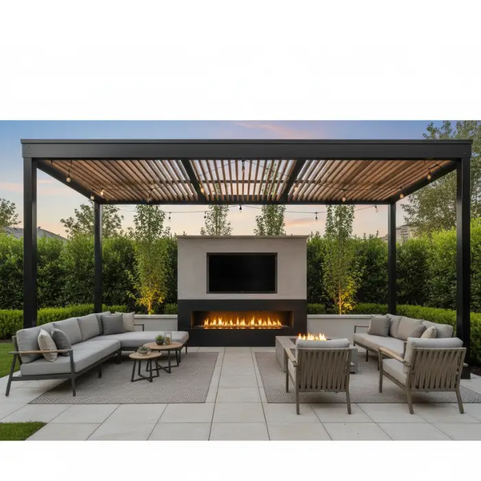 Modern outdoor fireplace adding warmth to patio setting.