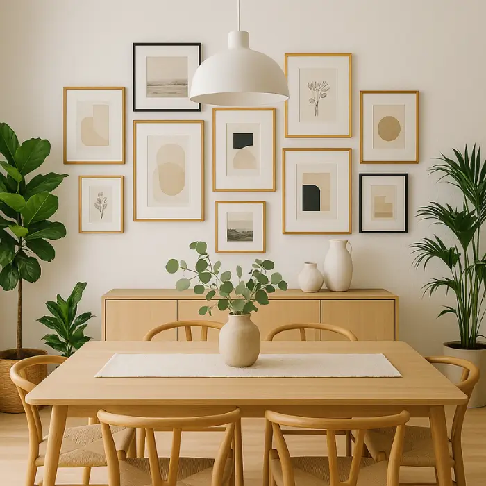 Curated gallery wall of mixed frames above a stylish dining room sideboard.
