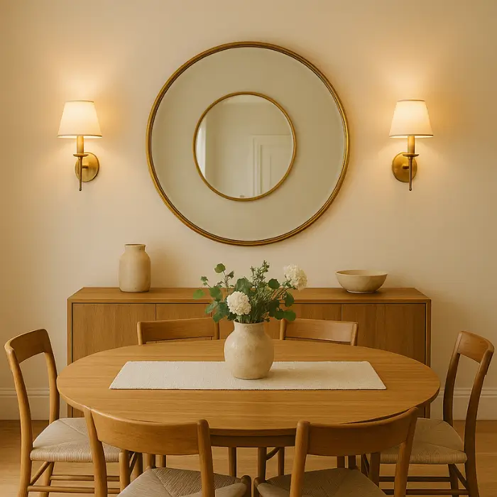 Oversized gold mirror with accent lighting above a dining sideboard.