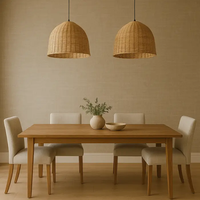 Dining room with textured wallpaper and natural wood accents.