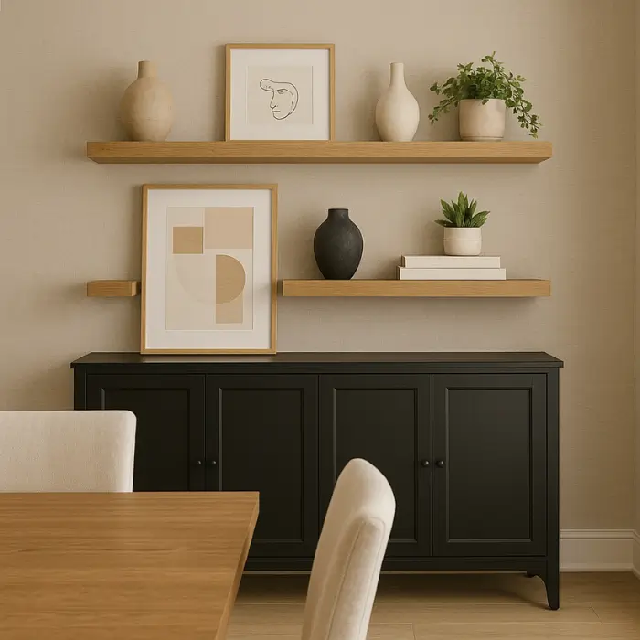 Floating wooden shelves with vases and art prints on a dining wall.