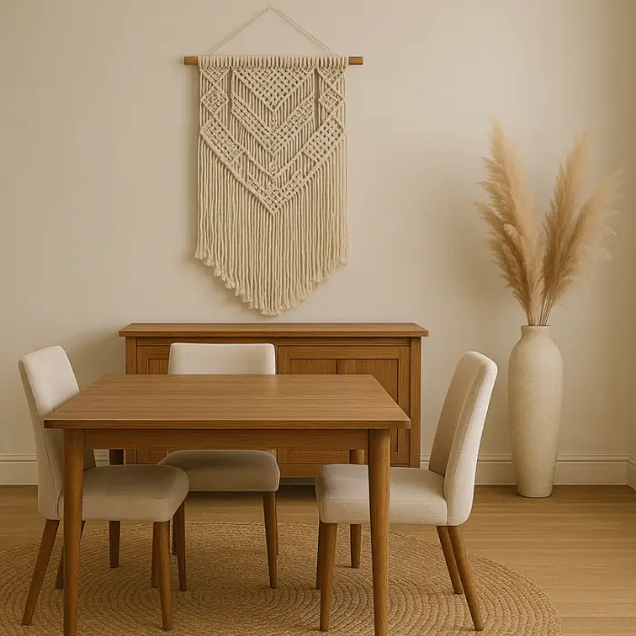  Woven macramé wall hanging adding boho warmth to a neutral dining room.