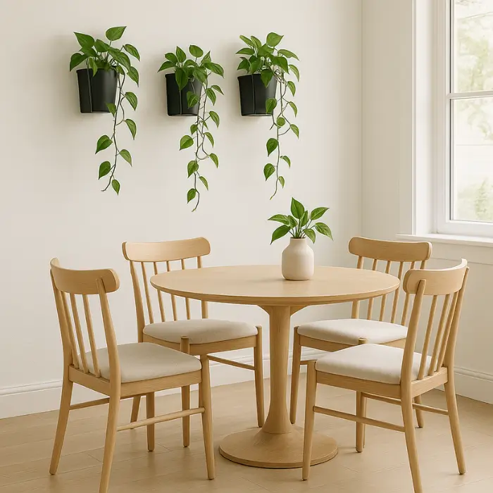 Wall-mounted planters with green vines add life to a modern dining room.