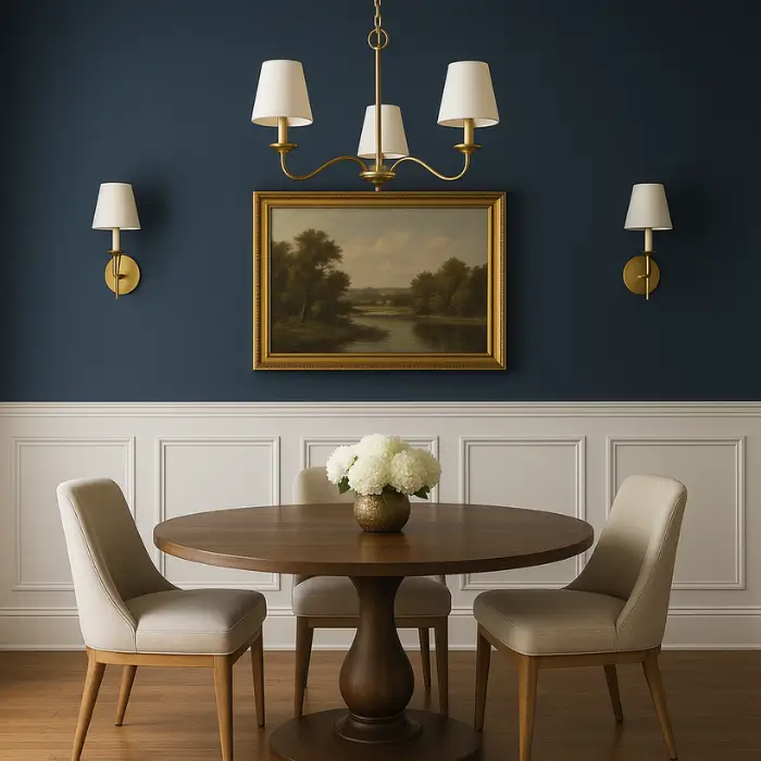 Decorative wall paneling and framed artwork add sophistication to a modern dining room.