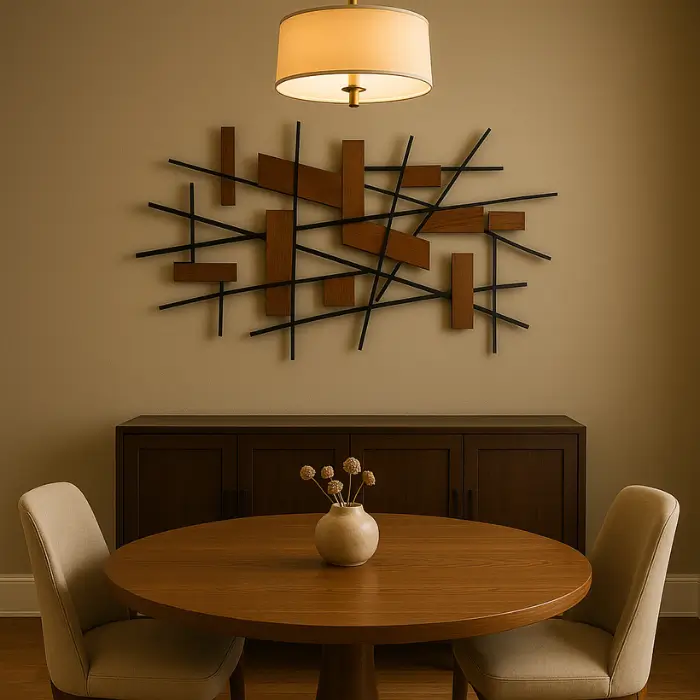  Modern dining room wall with metal and wood sculpture creating a stylish focal point.