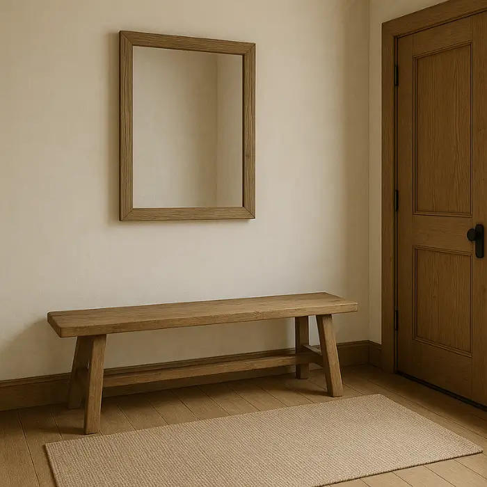 Warm farmhouse foyer featuring wood textures and woven storage baskets.