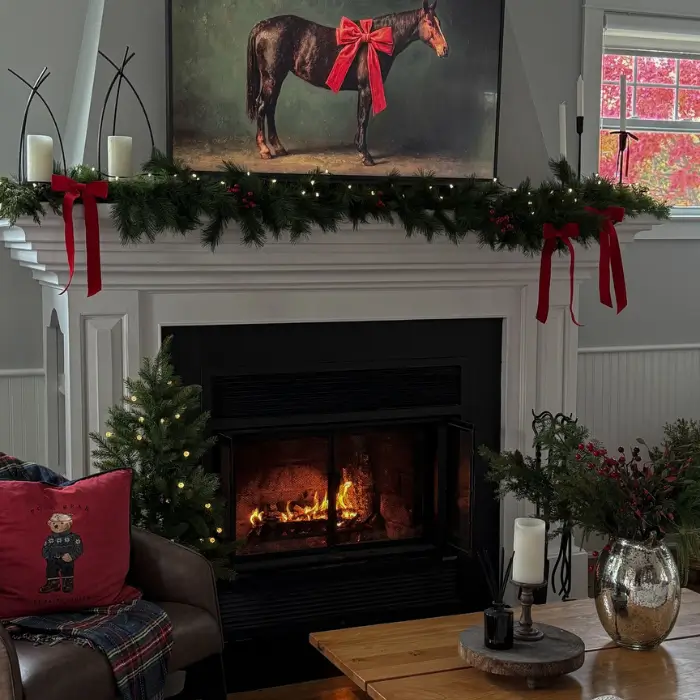 Ralph Lauren-style Christmas mantel décor.