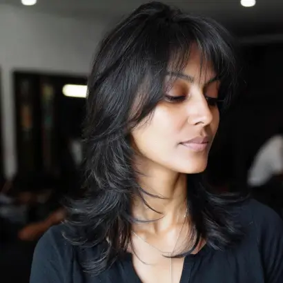 Airy Black Wolf Cut with Bangs