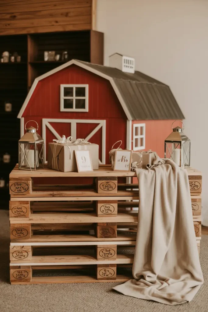 Farm baby shower gift display styled with a miniature barn backdrop, wooden pallets stacked neatly, neutral blankets draped softly, lantern accents placed around gifts, warm indoor lighting highlighting cozy textures, farmhouse interior styled for Pinterest photography with a welcoming countryside feeling.
