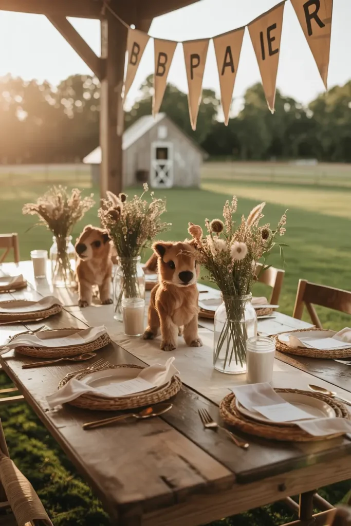 Rustic farm baby shower entrance styled like a small wooden barn doorway, soft natural sunlight falling across hay bales stacked beside vintage milk cans, pastel baby banners hanging from twine, wildflowers in mason jars, wooden crates layered for height, cozy countryside atmosphere with neutral tones, warm textures, soft shadows, and Pinterest-style photography capturing welcoming farmhouse charm.