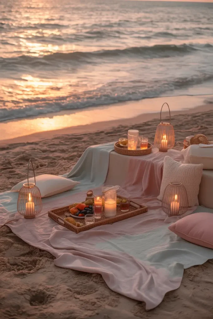beach picnic at sunset with flowing pastel blankets on sand, low table styled with candles inside glass lanterns, soft pink and cream cushions, ocean waves in background reflecting warm sunset tones, woven trays with fruit and drinks, airy fabrics moving with breeze, glowing golden lighting, cozy feminine aesthetic, cinematic natural textures, relaxed luxury picnic atmosphere captured in warm evening light.