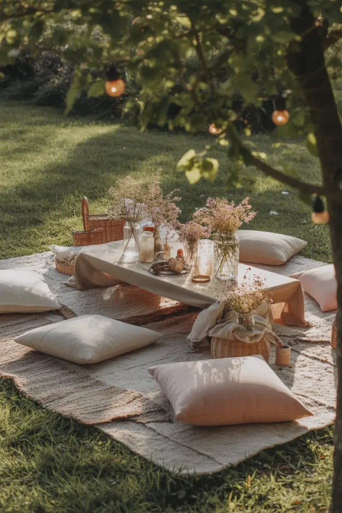 outdoor garden picnic scene during golden hour, layered neutral rugs spread across green grass, low wooden picnic table decorated with wildflowers in glass jars, woven baskets, linen cushions in soft beige and blush tones, warm fairy lights hanging between trees, sunlight filtering through leaves creating soft shadows, cozy boho textures, relaxed feminine atmosphere, realistic lighting, candid lifestyle photography style with depth and warmth.