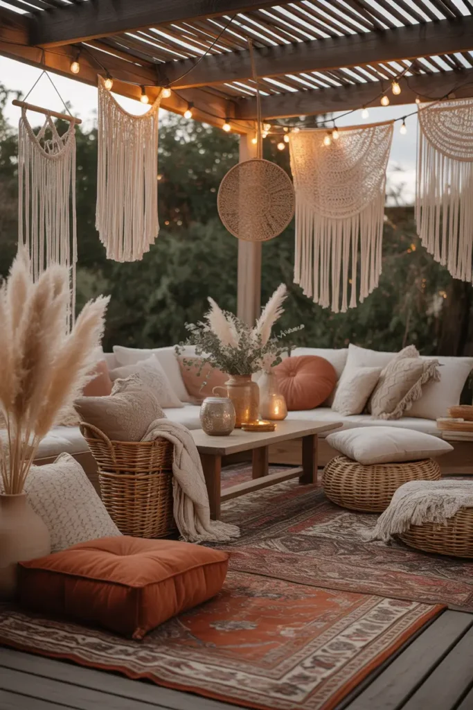 Boho-inspired picnic corner outdoors featuring patterned rugs layered over grass, macrame decor hanging nearby, woven baskets filled with flowers, pampas grass arrangements, neutral cushions and low seating, warm sunset lighting casting soft shadows, earthy color palette, realistic Pinterest aesthetic with cozy textures, relaxed styling, natural elements, and inviting atmosphere perfect for casual gathering.