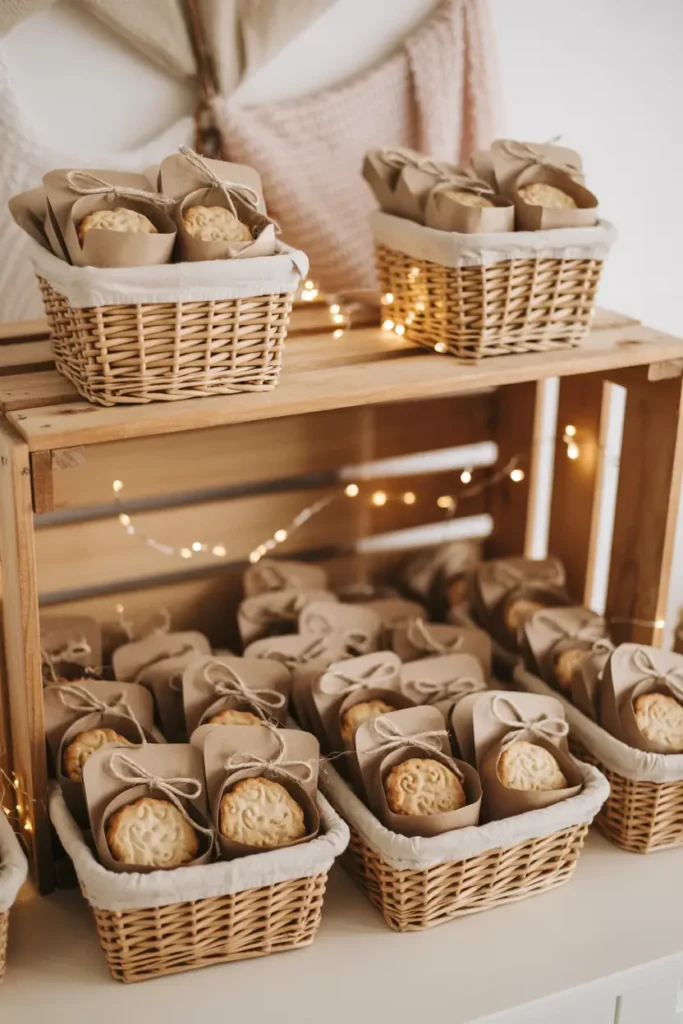 Farm baby shower favor table with small baskets filled with homemade cookies wrapped in kraft paper, tied with twine bows, wooden crates stacked behind display, soft fairy lights glowing warmly, neutral pastel decor, farmhouse textures captured in soft natural lighting with cozy Pinterest-style styling.