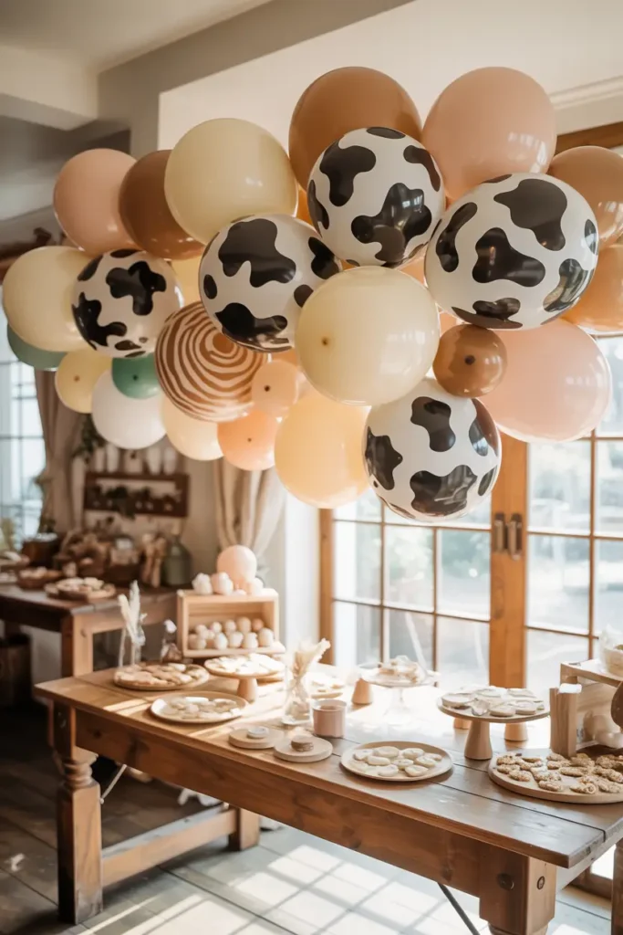 Farm baby shower balloon installation combining cow print balloons with soft beige, cream, and pastel tones, arranged above a wooden dessert table, warm sunlight filling the room, rustic farmhouse interior with natural textures, airy Pinterest-style photography capturing playful yet cozy party atmosphere.