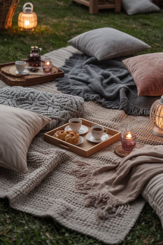 garden picnic featuring layered knit blankets and quilts on grass, plush cushions arranged casually, wooden tray with tea cups and pastries, lanterns casting soft warm light, evening garden setting with gentle glow, relaxed seating environment, textured fabrics creating warmth, intimate outdoor atmosphere captured with soft natural lighting and inviting tones.