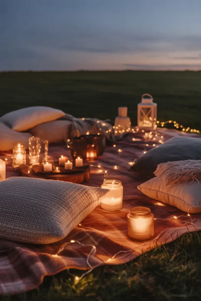 Nighttime outdoor picnic illuminated by warm lanterns and fairy lights, layered blankets and textured cushions arranged on grass, candles placed safely inside glass holders casting golden glow, cozy throws folded nearby, soft ambient lighting creating intimate atmosphere, deep evening sky overhead, realistic Pinterest-style photography with warm tones, inviting feminine mood, cinematic cozy outdoor gathering scene.
