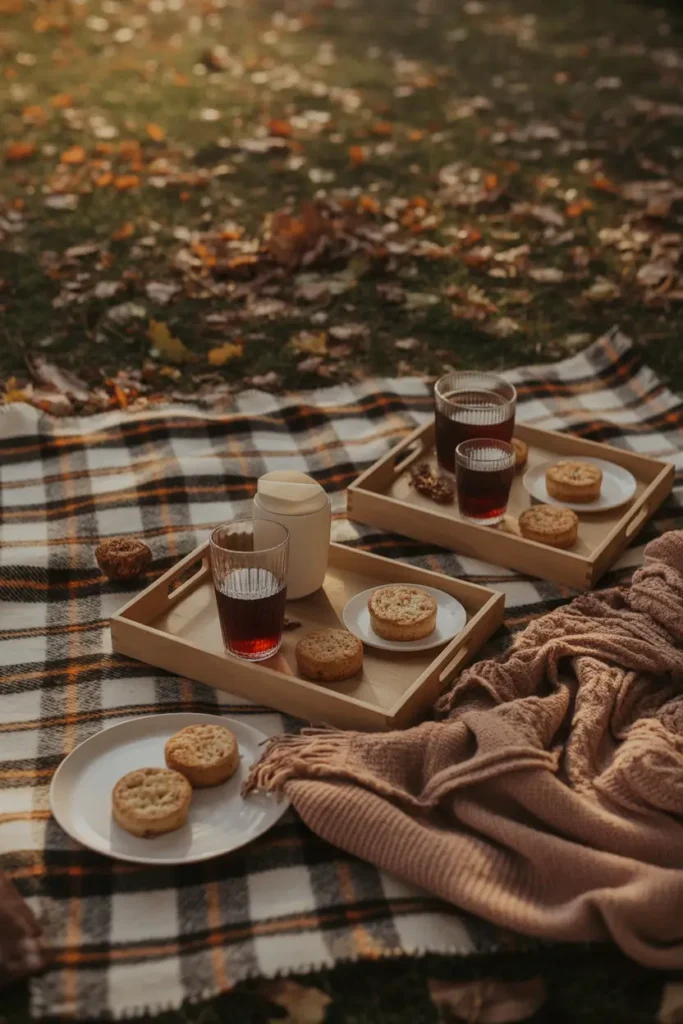 Autumn outdoor picnic styled with plaid blankets and chunky knit throws spread over fallen leaves, wooden trays holding warm drinks and pastries, pumpkins placed casually as decor, golden afternoon sunlight filtering through trees, earthy color palette with warm textures, realistic Pinterest-style photography capturing cozy seasonal atmosphere, soft feminine styling, inviting outdoor gathering with natural fall tones and comforting mood.