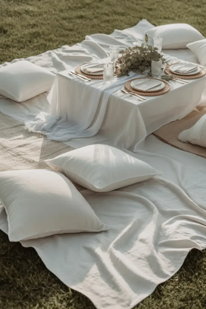 Elegant outdoor picnic styled entirely in white tones, flowing linen blankets layered on grass, white cushions and minimal table setting with glassware and greenery accents, soft sunlight creating airy glow, neutral textures and calm color palette, Pinterest-style realistic photography, serene feminine aesthetic, refined yet cozy atmosphere capturing peaceful outdoor celebration with natural lighting.