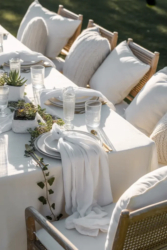 Elegant white picnic setup with layered white blankets and cushions, sheer fabric table runner flowing softly, glass drinkware and greenery accents, bright natural daylight illuminating textures, realistic Pinterest-style photography, airy calm atmosphere with refined cozy styling and peaceful outdoor celebration mood.