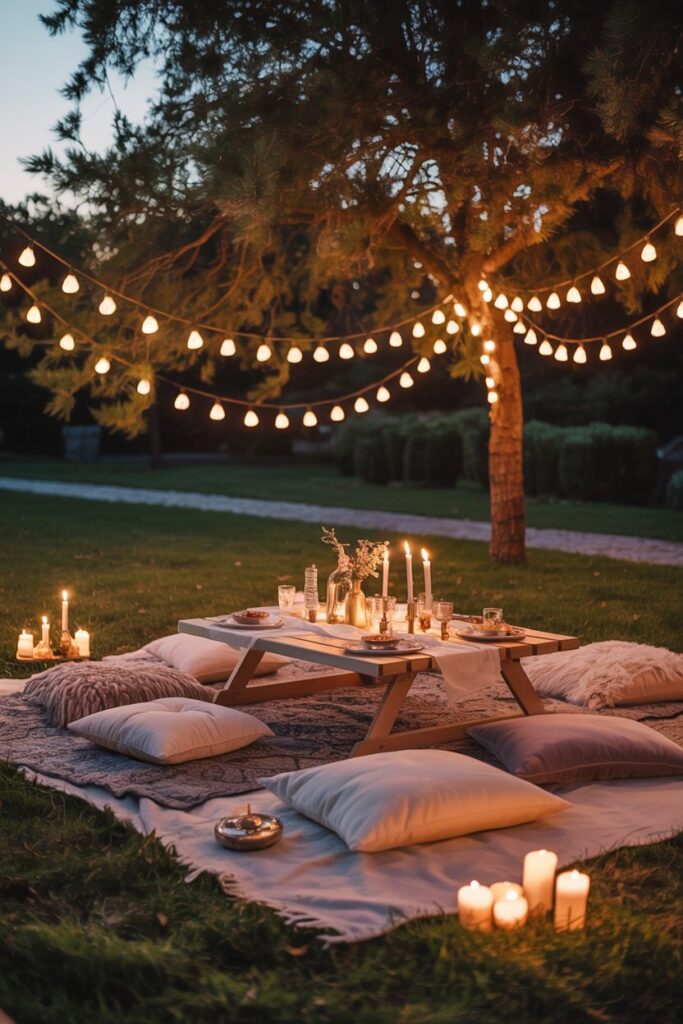 Magical Pinterest-style evening garden picnic with fairy lights hanging between trees, candles glowing around low picnic table, layered blankets and cushions on grass, warm ambient lighting creating soft shadows, cozy nighttime outdoor setting, relaxed seating arrangement, intimate atmosphere captured with cinematic warm tones and dreamy evening glow.