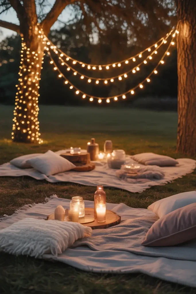 Evening outdoor picnic illuminated by fairy lights hanging between trees, neutral blankets layered with soft cushions, candles glowing in glass holders, warm ambient lighting creating a dreamy atmosphere, feminine cozy styling, realistic Pinterest-style photography with soft focus and golden tones, peaceful outdoor gathering scene filled with warmth, texture, and an intimate nighttime mood.