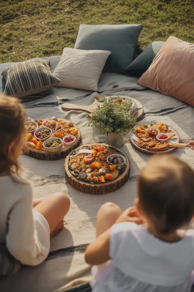 Family-style picnic scene with large wooden platters filled with food placed at center of blanket setup, mixed cushions surrounding area, warm afternoon sunlight, natural textures and casual styling, realistic Pinterest-style photography, cozy welcoming atmosphere emphasizing togetherness, relaxed outdoor gathering with inviting homely feeling.