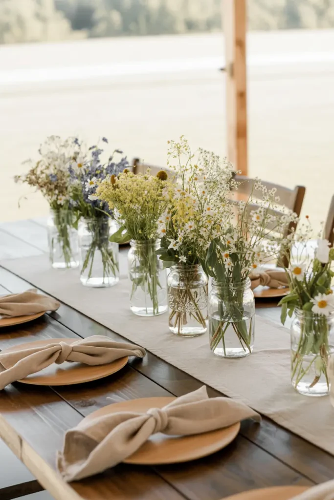 Rustic farm baby shower table centerpiece featuring wildflowers arranged in mason jars, wooden table runner, soft linen napkins, natural daylight illuminating delicate petals, neutral farmhouse table setting with layered textures, cozy countryside styling photographed in a bright Pinterest-inspired composition with warm and inviting ambiance.