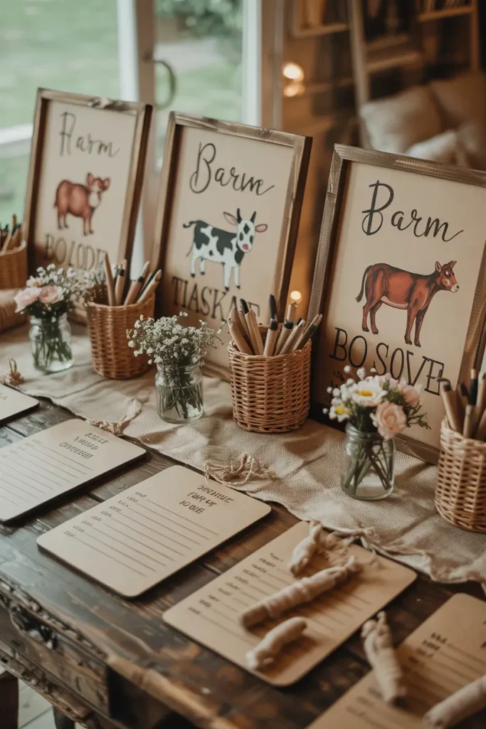 Rustic baby shower game table styled with wooden signs, farm animal illustrations, kraft paper game cards, small flower jars, woven baskets holding pens, natural daylight illuminating warm textures, farmhouse interior photographed in Pinterest-style composition with cozy celebration atmosphere.