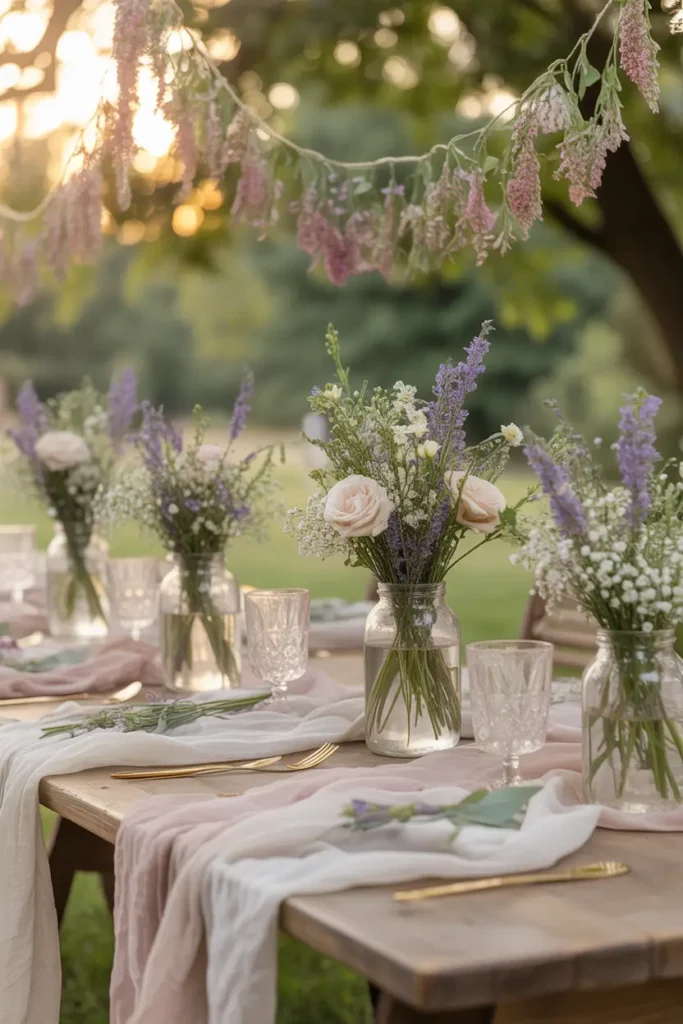 Garden picnic filled with fresh floral arrangements in glass jars, soft linen blankets layered across grass, pastel cushions arranged casually, sunlight filtering through trees, delicate tableware with flowers scattered naturally, realistic Pinterest-style outdoor photography, soft natural lighting, romantic cozy atmosphere, lush greenery background with dreamy feminine styling.