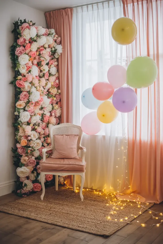Indoor bridal shower photo corner filled with cascading floral backdrop, vintage chair, pastel balloons, soft curtains, warm fairy lights glowing gently, textured rug beneath seating, natural soft lighting, romantic feminine aesthetic styled for Pinterest photography capturing joyful tea party celebration moments.