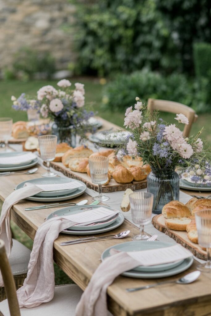 French country inspired garden picnic styled for Pinterest, linen tablecloth spread across grass, rustic wooden serving boards with bread and cheese, soft blue and dusty pink accents, wildflowers in ceramic vases, warm afternoon sunlight, cozy floor cushions, relaxed countryside elegance, natural textures and soft romantic outdoor atmosphere photographed in gentle golden light.