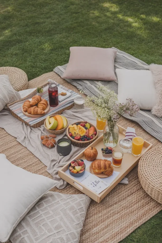 Outdoor brunch picnic styled for friends gathering, neutral rugs layered on grass with striped cushions, wooden trays filled with croissants, fruit bowls, and iced drinks, soft daylight illuminating scene naturally, fresh flowers placed casually in glass jars, relaxed feminine styling, realistic textures and natural colors, Pinterest-inspired lifestyle photography capturing cheerful social atmosphere and cozy outdoor comfort.