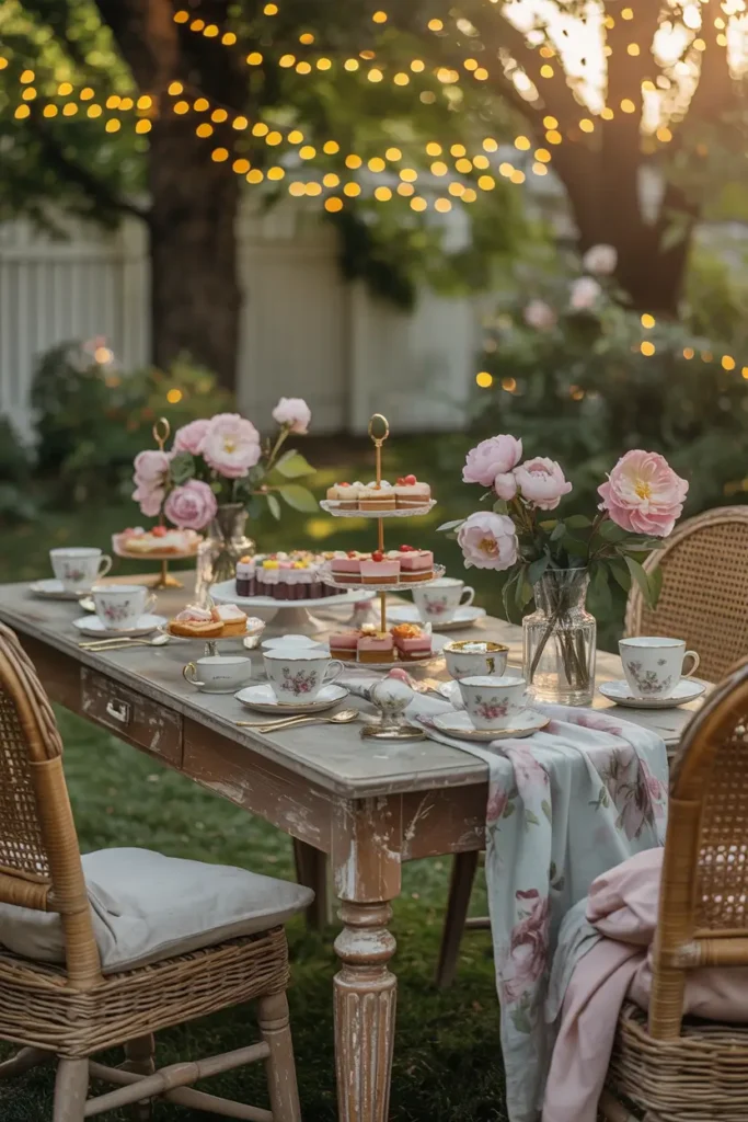 Romantic backyard tea party scene styled for Pinterest, featuring vintage wooden table under soft afternoon sunlight, pastel floral tablecloth flowing gently, mismatched porcelain teacups, layered cake stands filled with desserts, garden roses and peonies in glass vases, wicker chairs with linen cushions, fairy lights hanging between trees, warm golden lighting creating cozy feminine atmosphere with soft textures and natural greenery surrounding the setup.