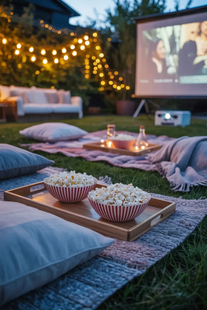 garden movie night picnic setup with outdoor projector screen, layered blankets and cushions on grass, popcorn bowls on wooden trays, fairy lights glowing overhead, soft blankets draped casually, evening twilight lighting, warm ambient glow, relaxed seating arrangement, cinematic backyard atmosphere captured with cozy textures and soft focus lighting.