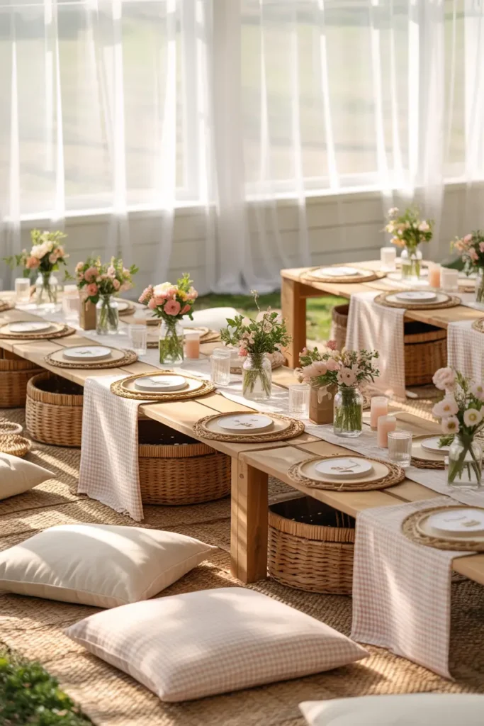 Indoor farm baby shower picnic setup featuring low wooden tables, gingham blankets spread across the floor, woven cushions in soft pastel tones, fresh flowers in mason jars, natural sunlight streaming through sheer curtains, rustic farmhouse textures, cozy layered fabrics, soft neutral decor styled for a relaxed countryside gathering, captured in airy Pinterest photography style.